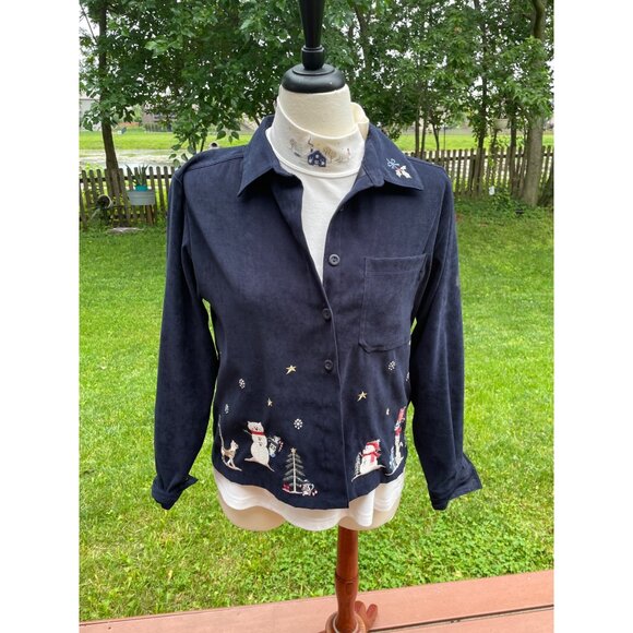 Christmas-Themed Womens Navy Button-Up Jacket & White Turtleneck Set With Winter - Picture 1 of 15